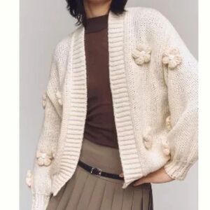 Maeve Anthropologie Susannah 3D Flower Cardigan Sweater One Size Cream Chunky